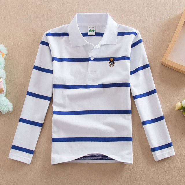 Long Sleeve Classic Boys White & Blue Striped Polo Shirt (ages 3 years - 15 years)