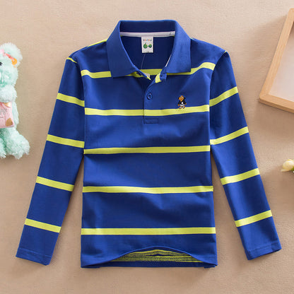 Long Sleeve Classic Boys Dark Blue & Yellow Striped Polo Shirt (ages 3 years - 15 years)