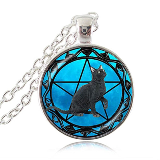 Pentagram and Black Cat Pendant Necklace