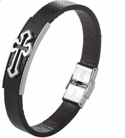 Bold Christian Cross Leather Cuff Bracelet