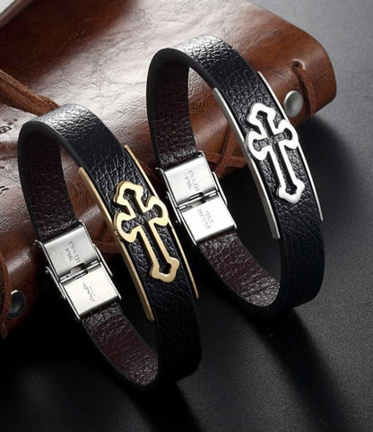 Bold Christian Cross Leather Cuff Bracelet