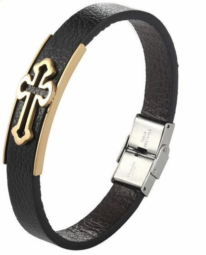 Bold Christian Cross Leather Cuff Bracelet