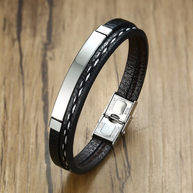 Ladies Leather Bracelets Black Wrist Bands Double Layer Bangle