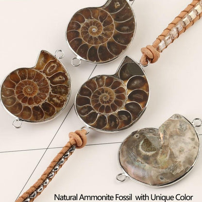 Boho Leather Ammonite Fossils & Tigers Eye Wrap Bracelet