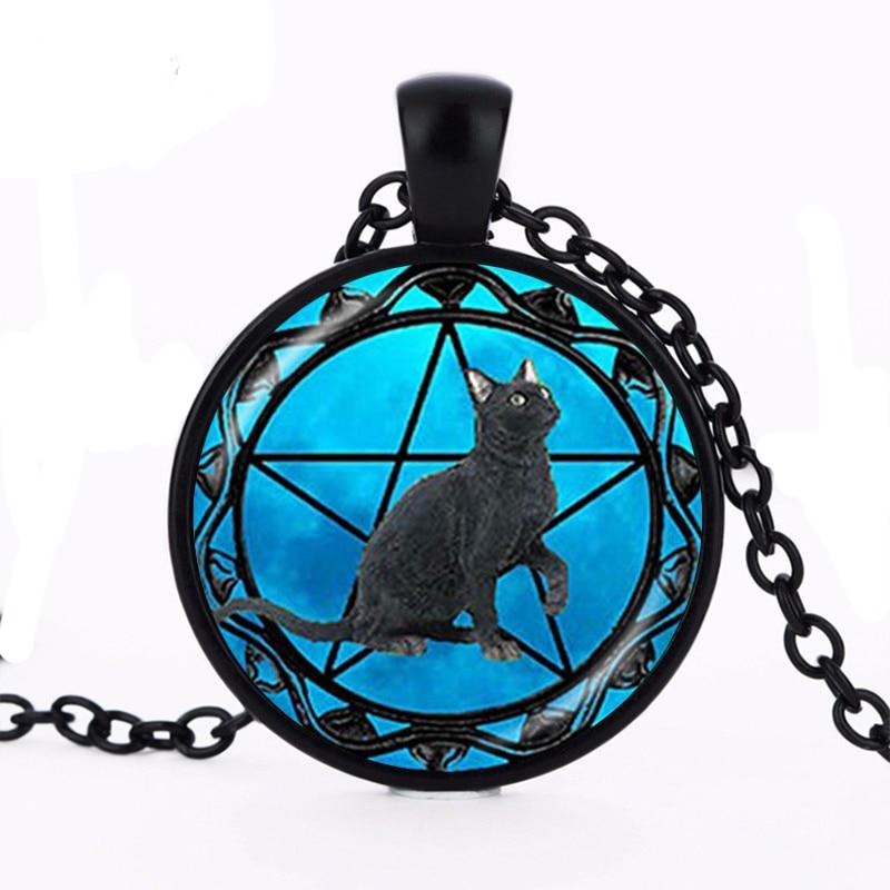 Pentagram and Black Cat Pendant Necklace
